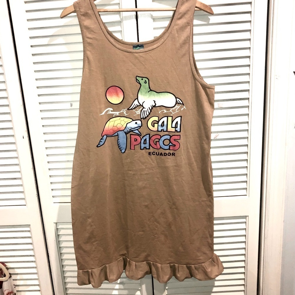 Vintage Ecuador Galapagos Tourist night tank dress Tan Large